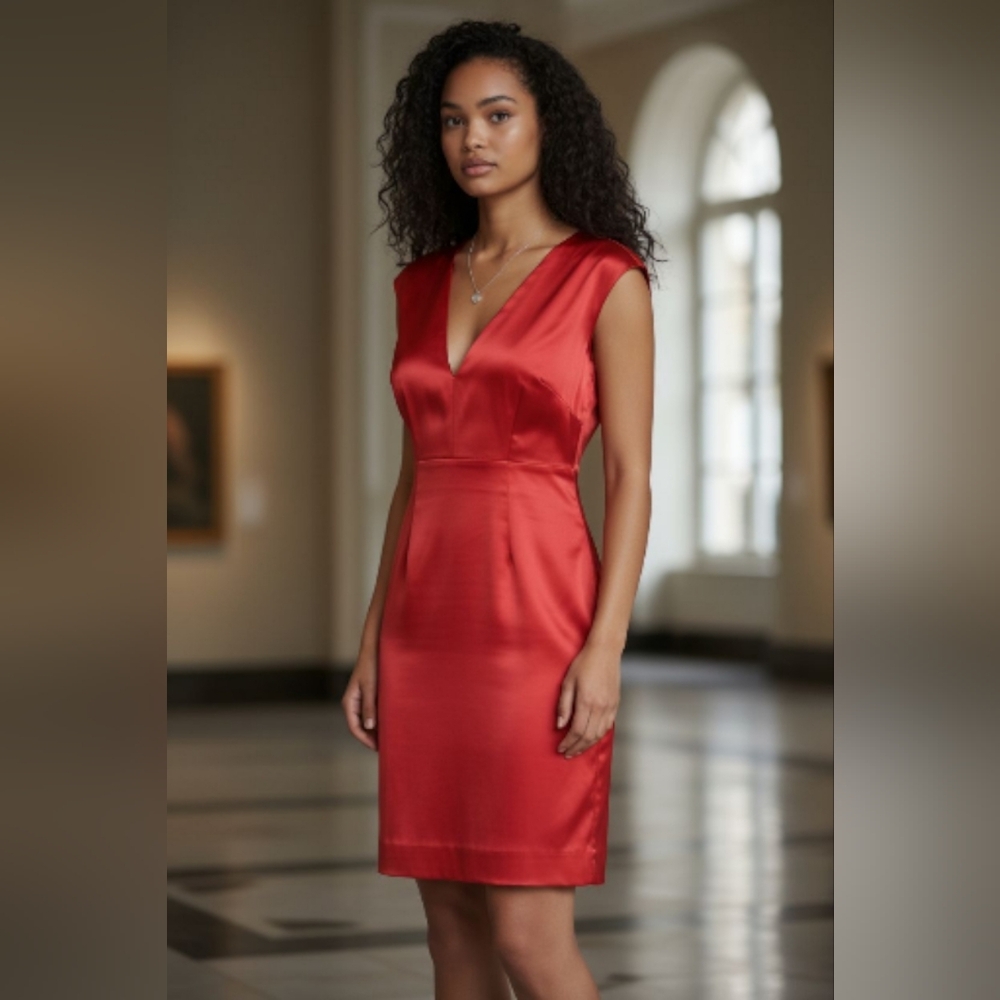 NWT Paris Sunday Satin Red Sleeveless V Neck Dress Small Holiday